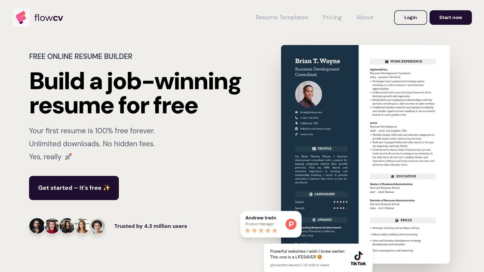 FlowCV free online resume builder showing 50+ ATS-friendly templates, GDPR compliance and watermark-free PDF downloads for privacy-focused resume creation
