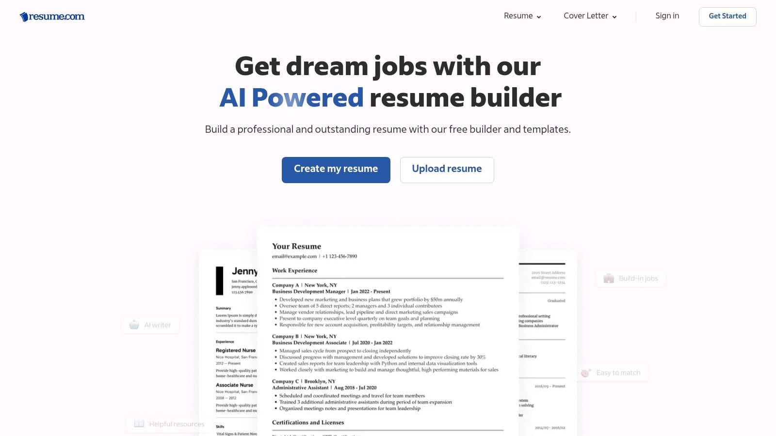 Resume.com free resume builder platform showing unlimited resume creation, PDF and TXT downloads with simple editor interface for quick professional resume creation