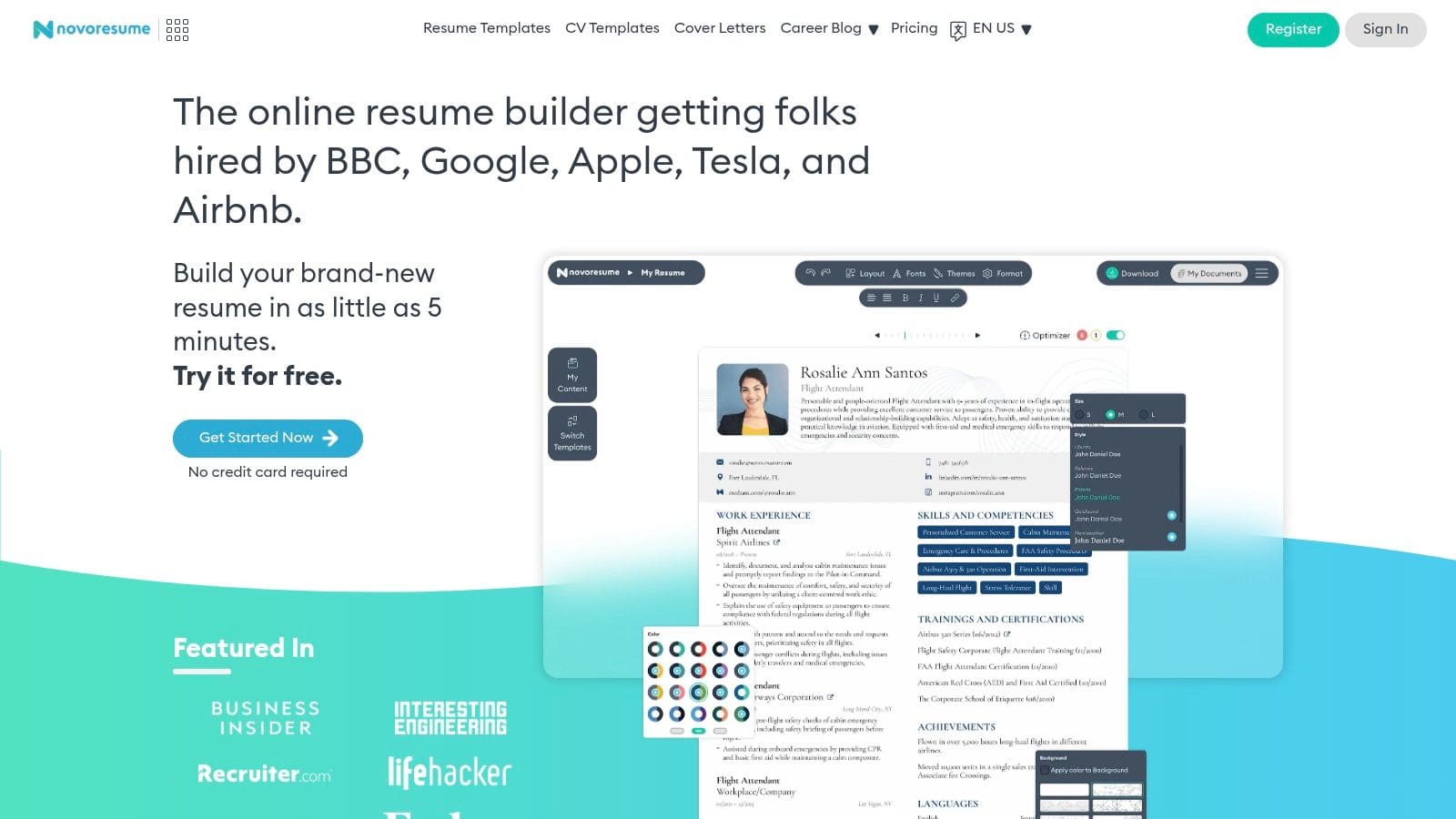 Novorésumé basic free plan resume builder showing sleek ATS-aware templates and one-page resume creation for students and professionals with focused experience