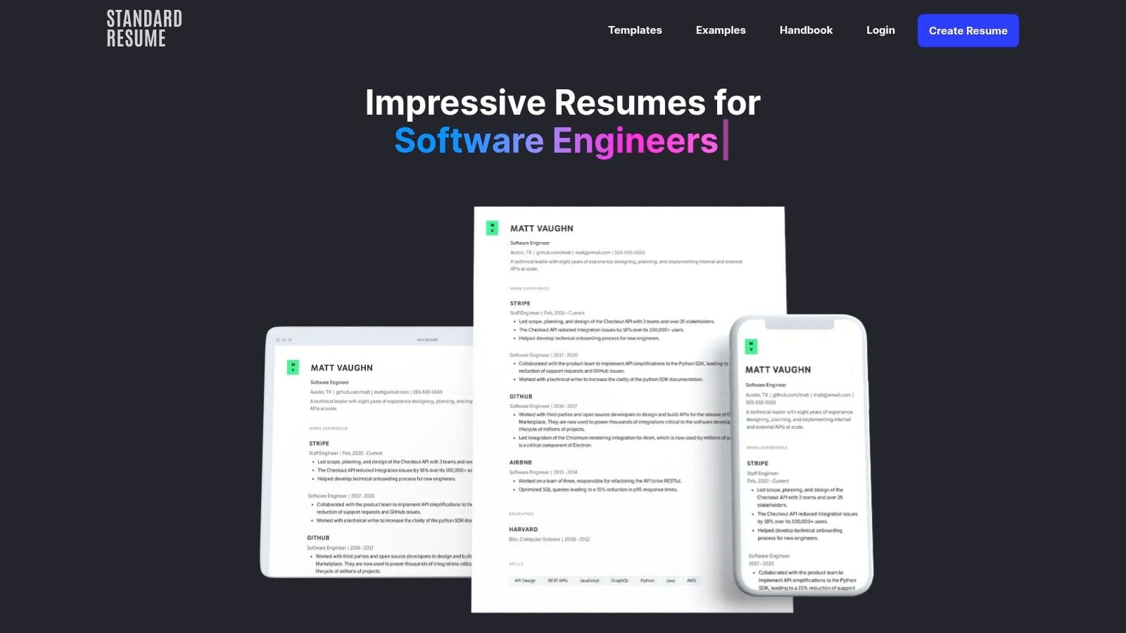 Standard Resume free basic plan showing minimalist recruiter-approved templates, LinkedIn import and clean ATS-optimised layouts for tech and corporate professionals