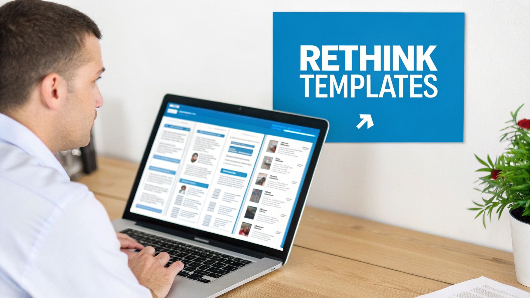 Man working on laptop displaying various resume templates with Rethink Templates sign for modern CV builder approach and smart resume creation strategy