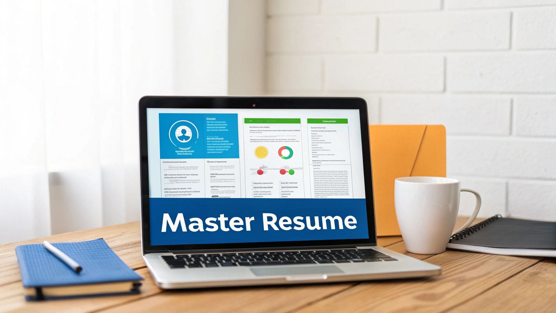 Laptop on wooden desk displaying Master Resume template with charts, text and avatar icon for comprehensive career profile and strategic job application system