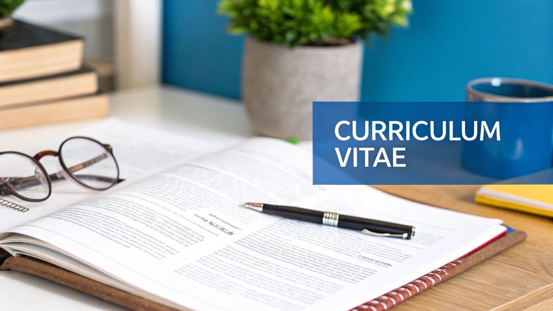 Open book with reading glasses and pen on desk featuring blue banner with CURRICULUM VITAE text for comprehensive CV guide and professional career documentation