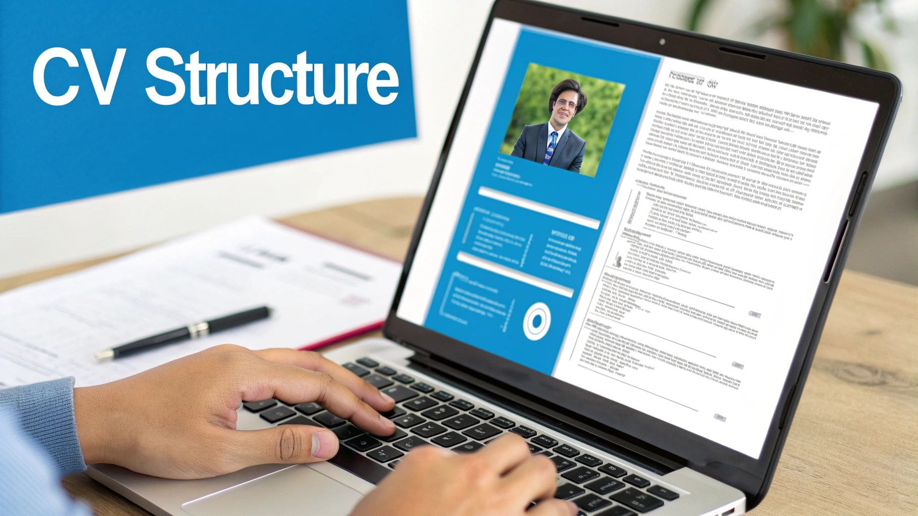 Person typing on laptop displaying CV with CV Structure visible on background screen for professional CV writing and comprehensive career document formatting