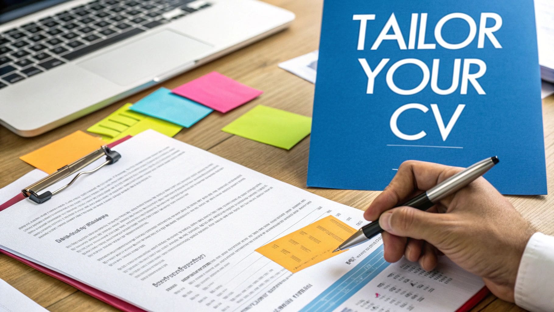 Person's hand using pen to review CV document with blue Tailor Your CV folder and laptop on wooden desk for targeted job application and CV customisation strategy