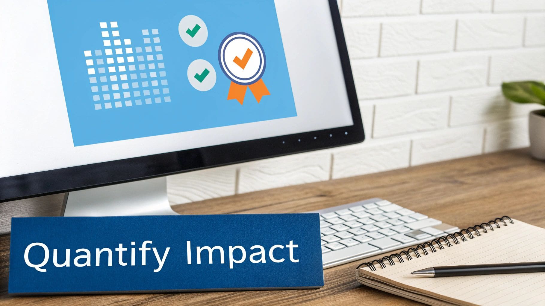 Computer monitor displaying graph and achievement badges next to Quantify Impact sign for data-driven CV writing and measurable professional accomplishments