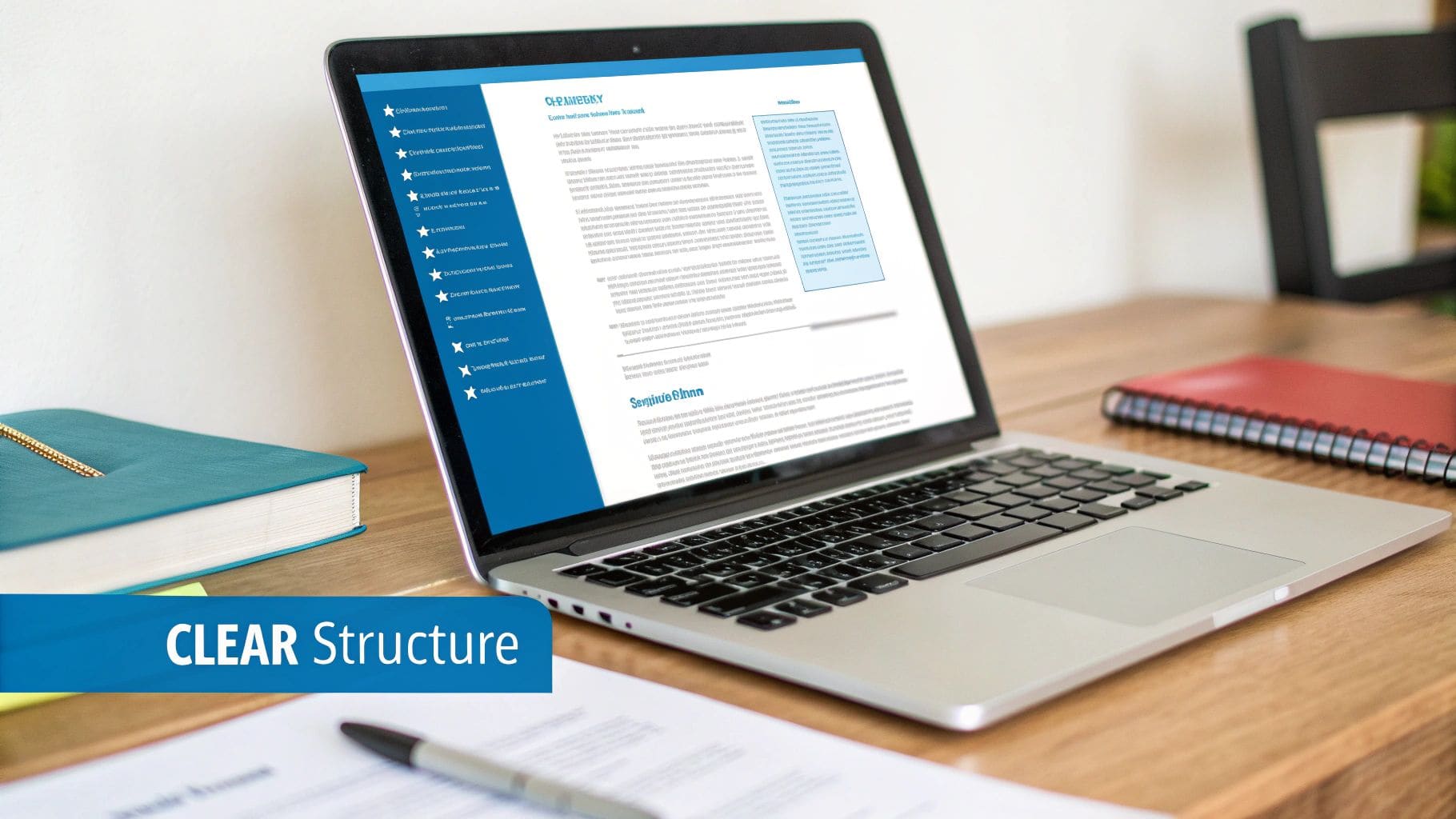 Laptop computer on wooden desk displaying structured document with THE CHEMISTRY content and CLEAR Structure banner for demonstrating organised CV layout and professional document formatting for nursing applications