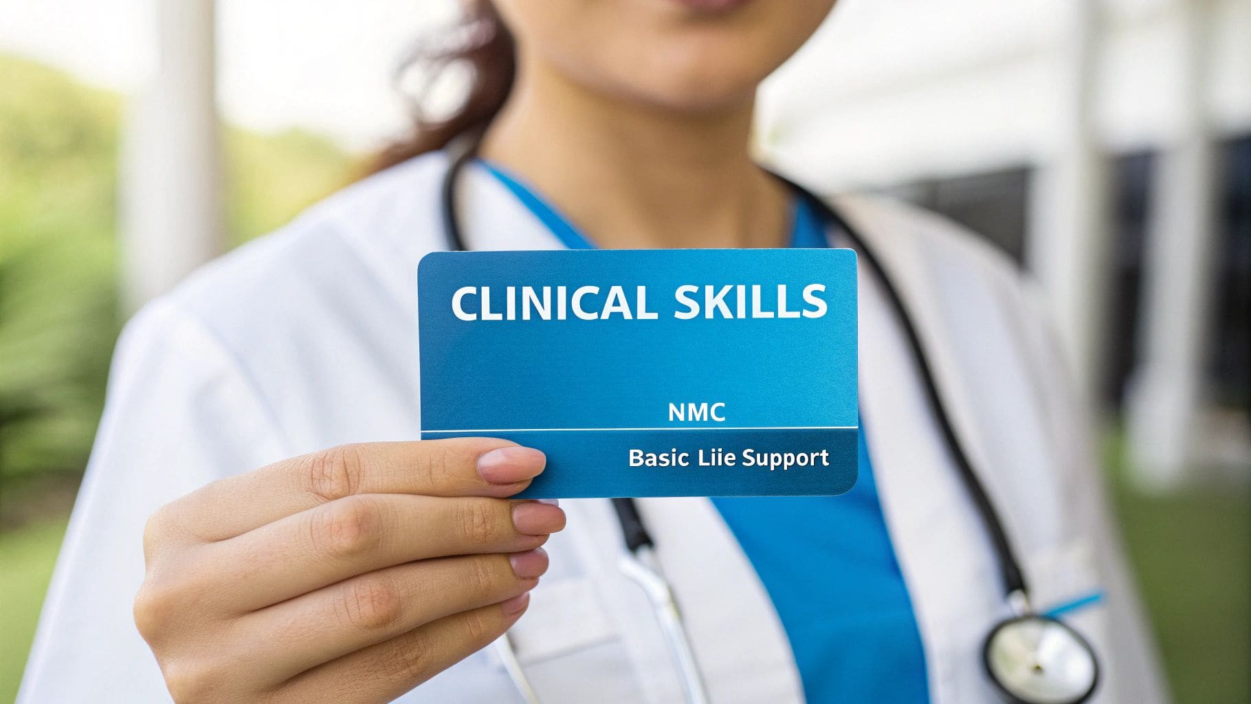 Medical professional holding blue card displaying CLINICAL SKILLS, NMC registration and Basic Life Support certification for demonstrating essential nursing qualifications and healthcare credentials documentation