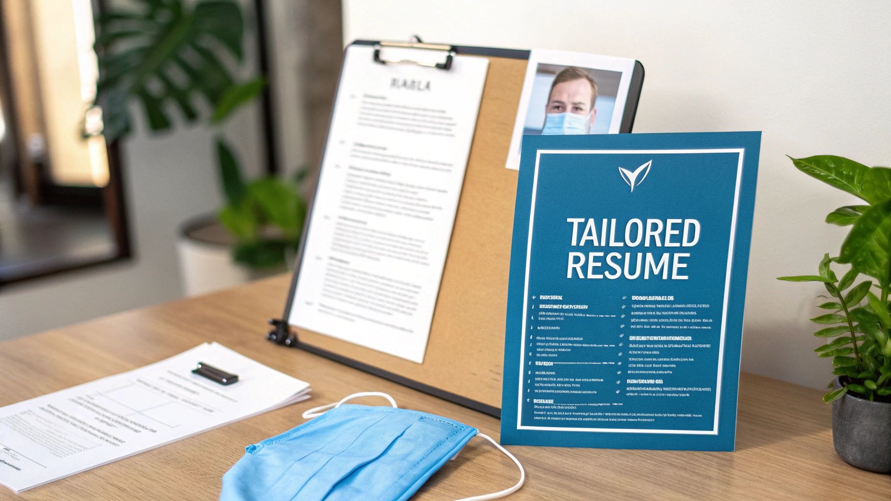 Professional desk workspace featuring tailored resume pamphlet, printed CV document and blue surgical face mask for demonstrating customised nursing job applications and healthcare career preparation