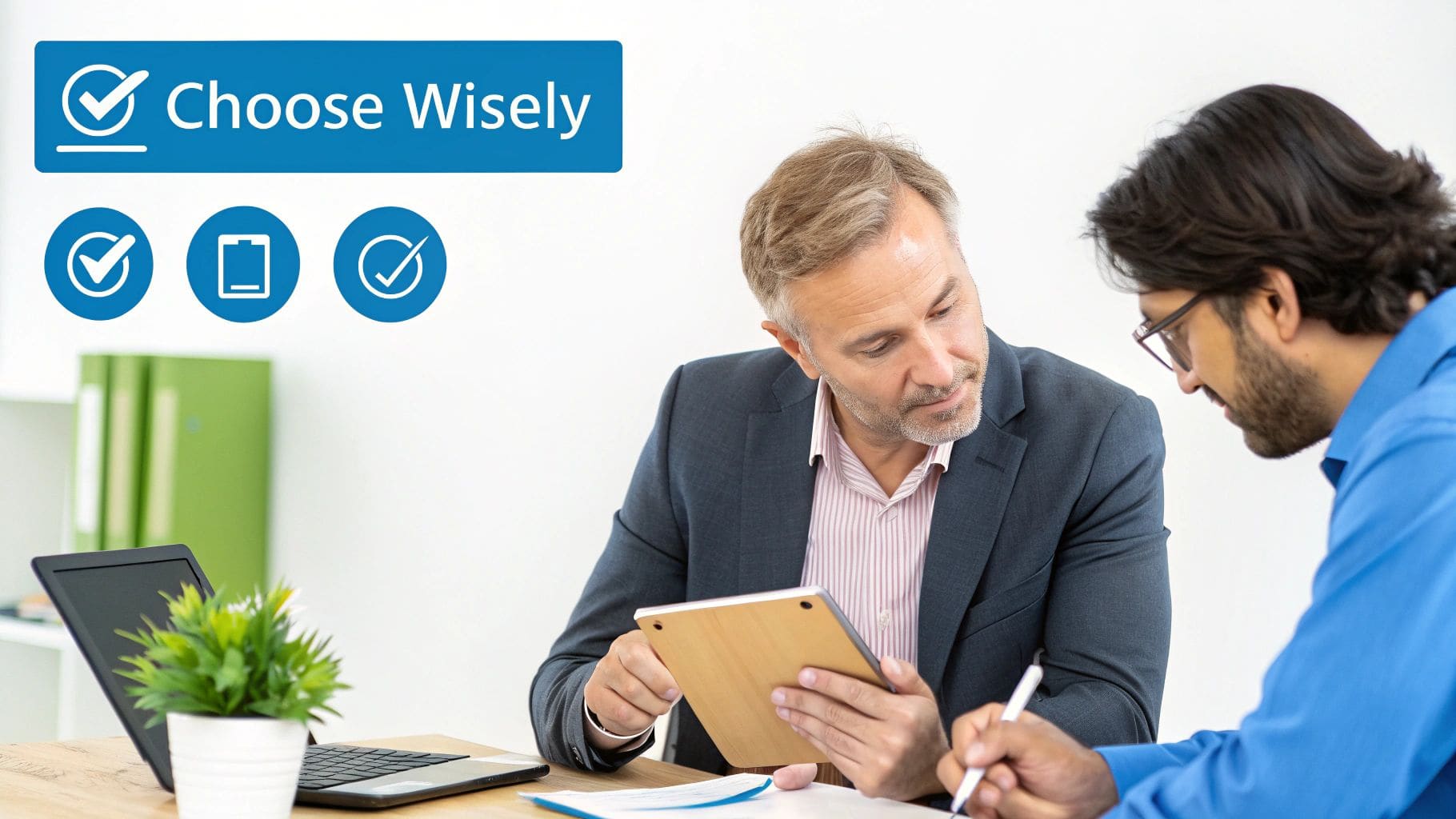 Two businessmen collaborating in an office, reviewing documents and tablet, with 'Choose Wisely' text overlay