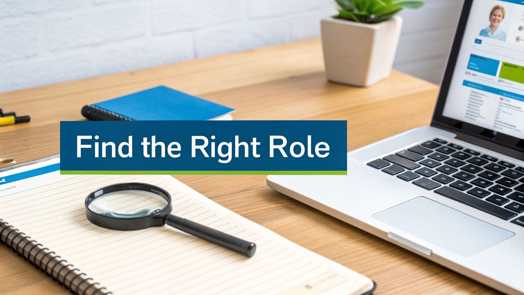 Desk with laptop showing job profile, magnifying glass on notebook, and 'Find the Right Role' text for career search