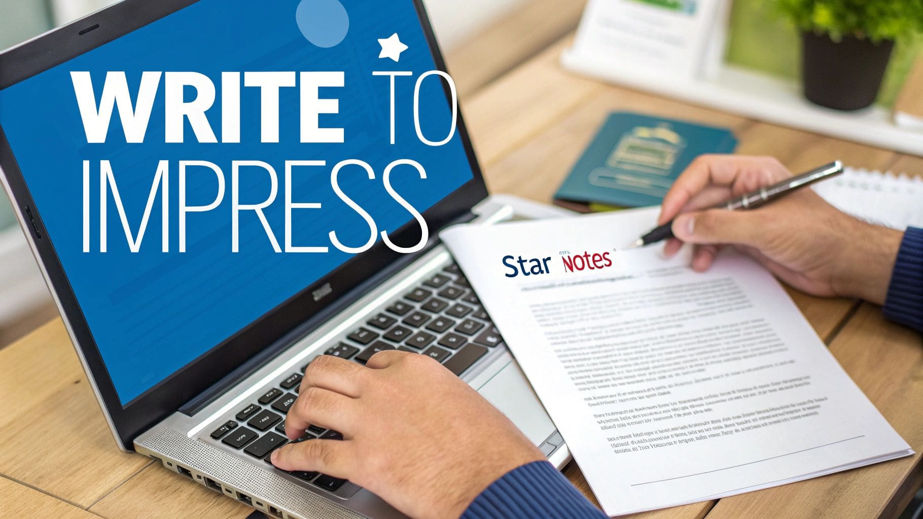 Professional typing on laptop displaying 'WRITE TO IMPRESS' while making handwritten notes for civil service application