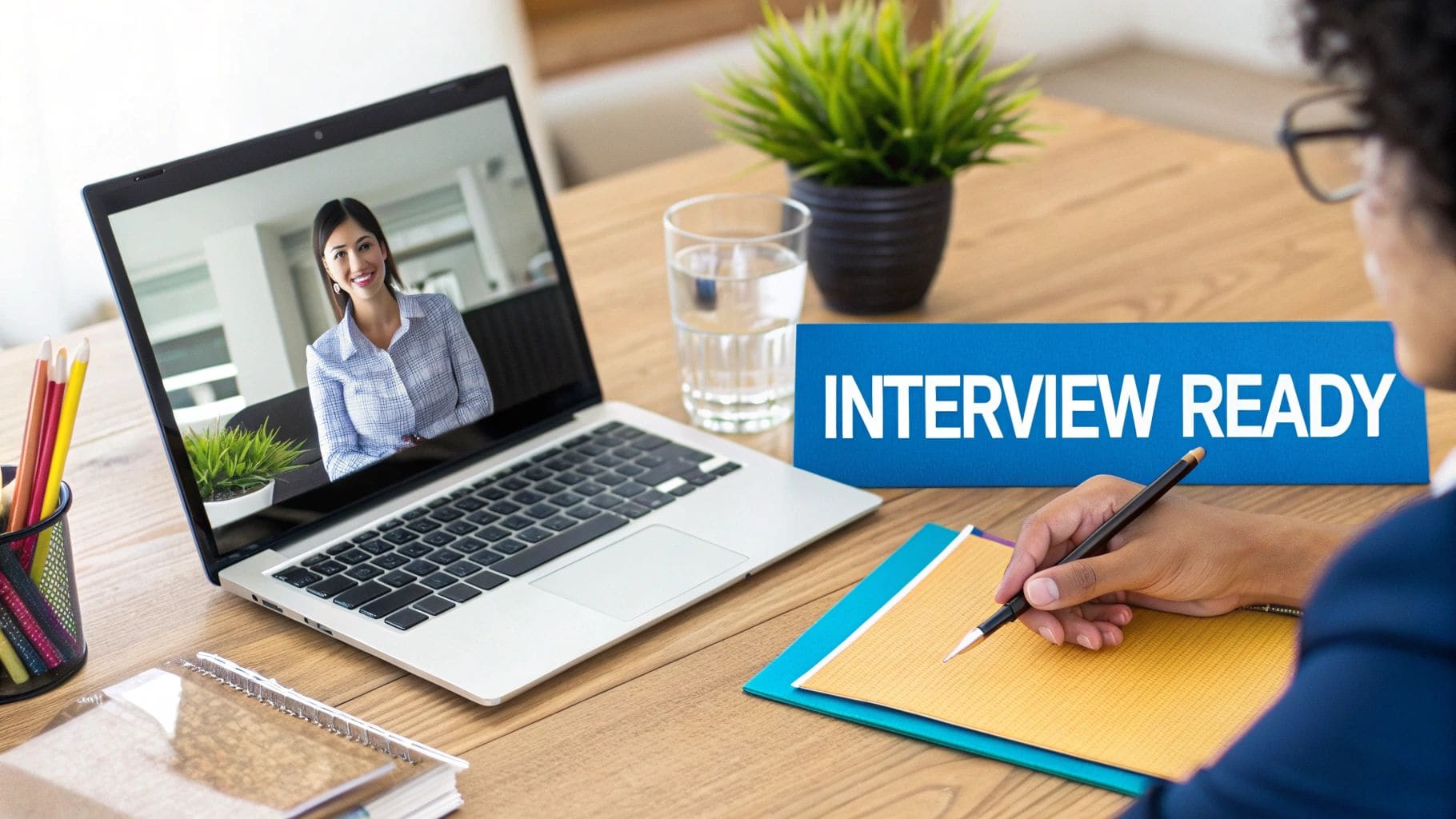 Professional preparing for virtual job interview, writing notes while interviewer appears on laptop screen with 'Interview Ready' text