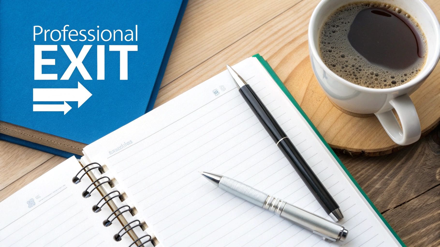 Overhead view of a blue book titled 'Professional EXIT' with an open notebook, pens, and coffee on a desk