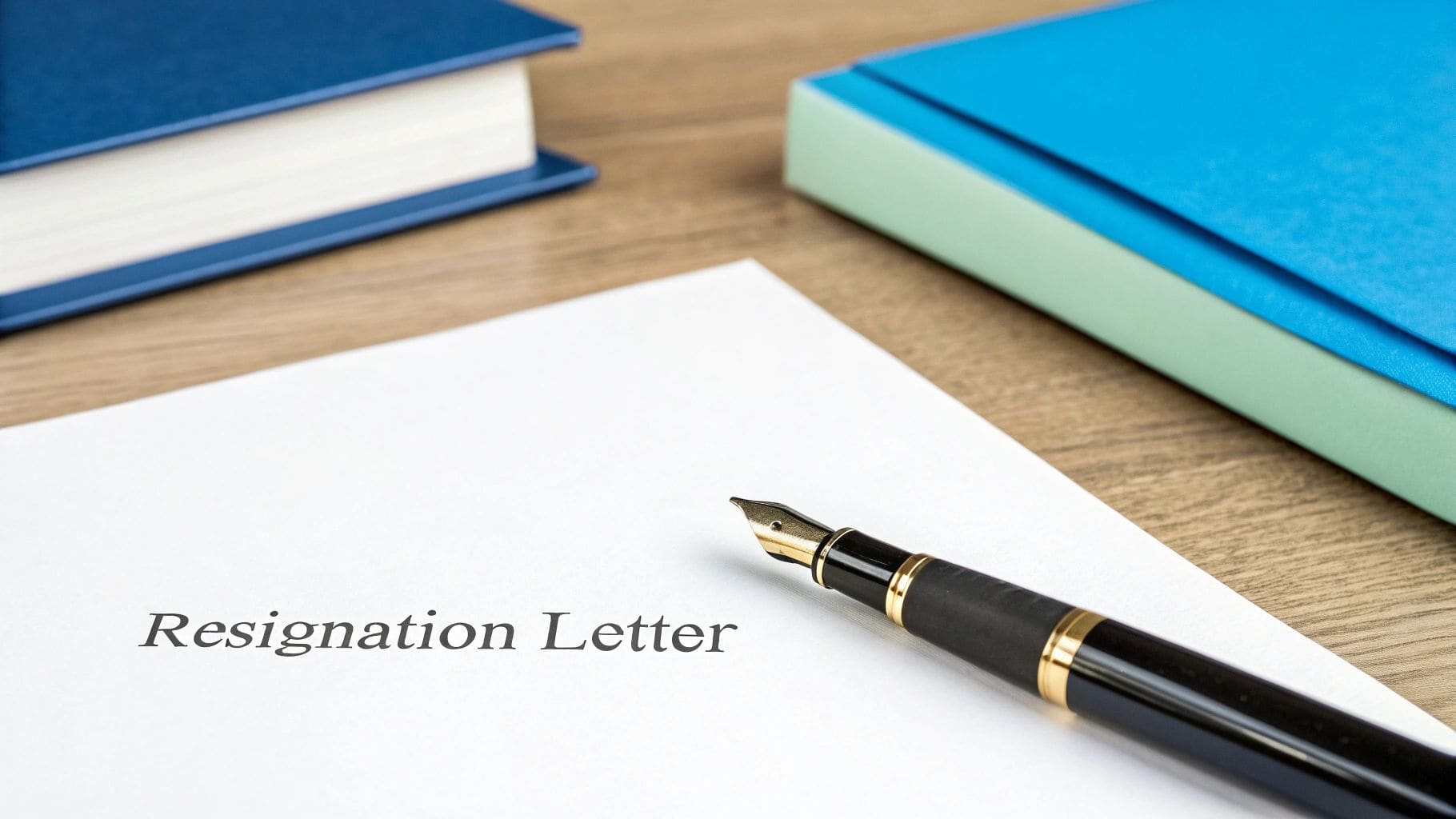 A printed resignation letter on white paper with a fountain pen beside it and books on a wooden desk