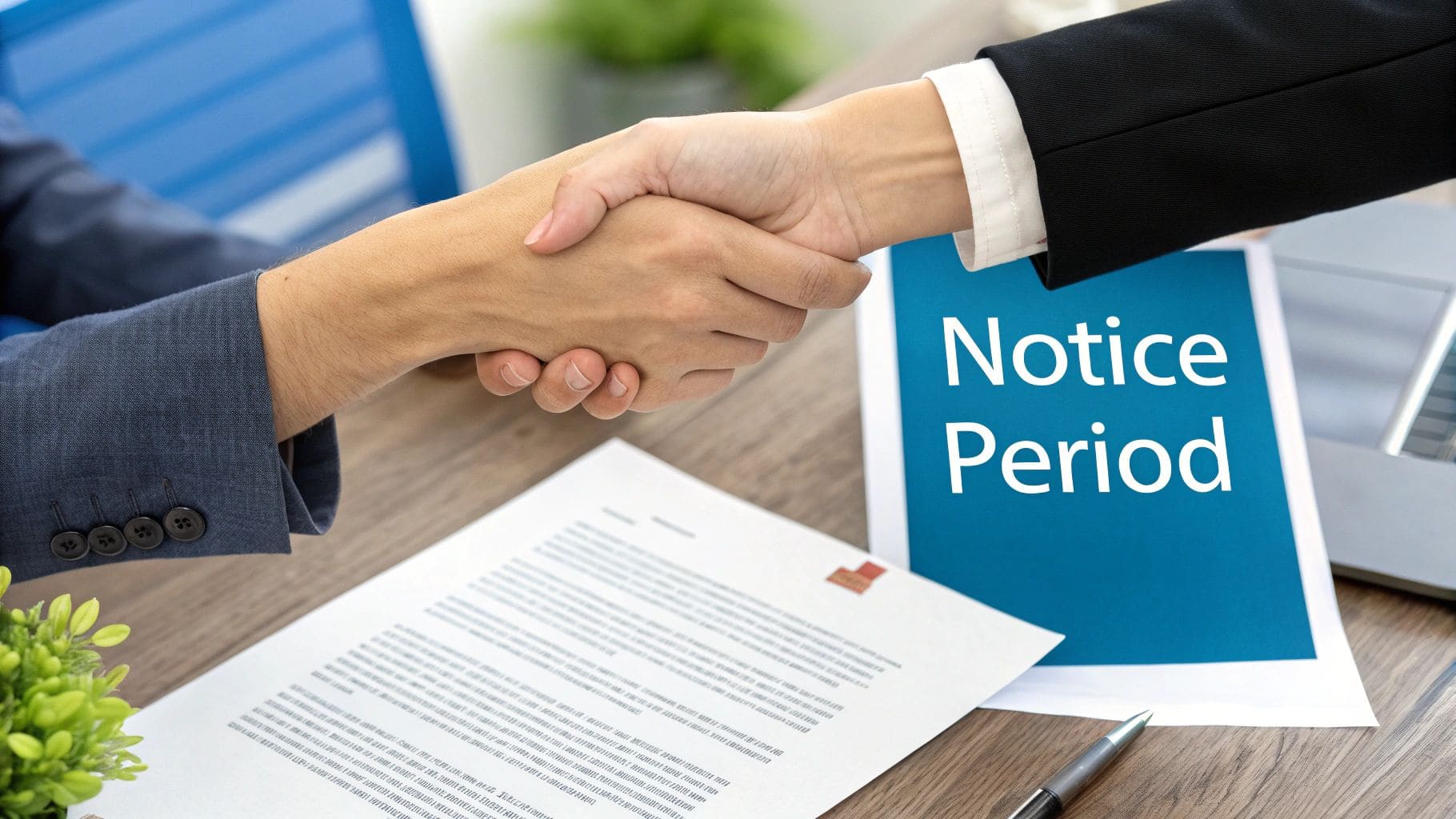 Two business professionals shake hands over a desk with a 'Notice Period' document for resignation handshake