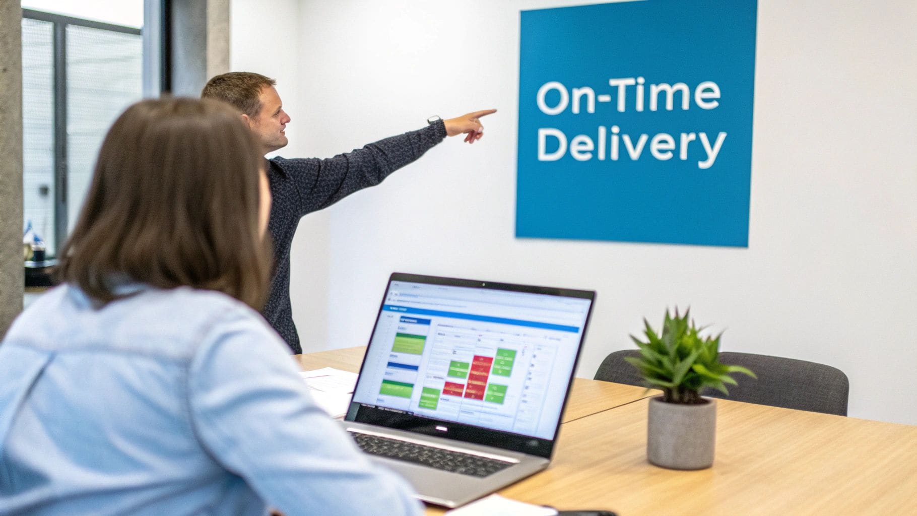 Professional pointing to an 'On-Time Delivery' sign while colleague works on laptop demonstrating project management success