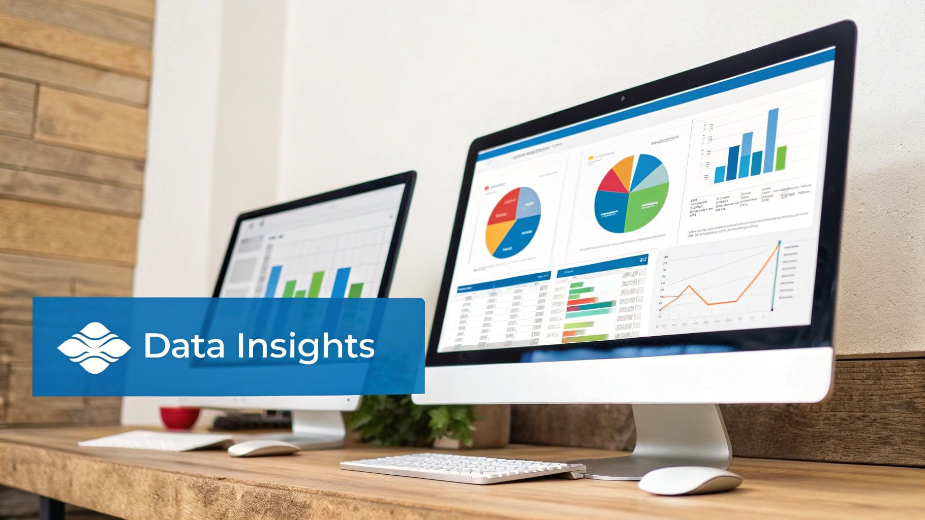 Two computer monitors on a wooden desk displaying various data insights and business intelligence analytics charts