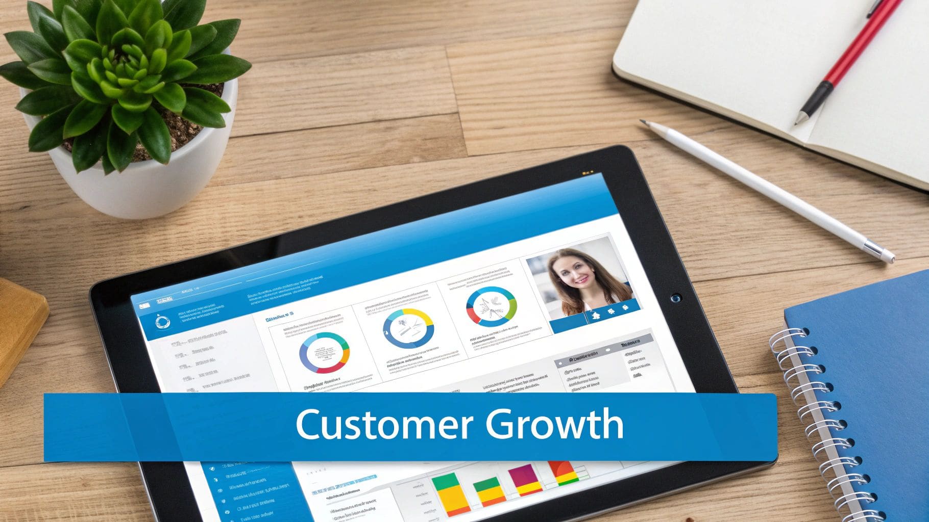 A tablet on a wooden desk displays customer growth analytics with a plant and office supplies nearby