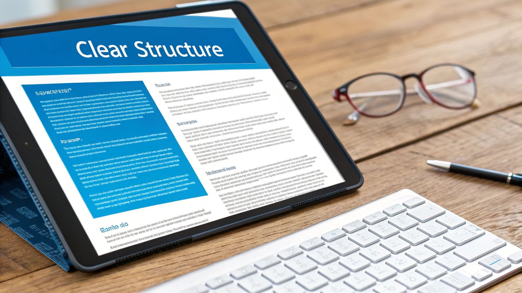 A tablet displaying a document titled 'Clear Structure' on a wooden desk with keyboard, glasses, and pen