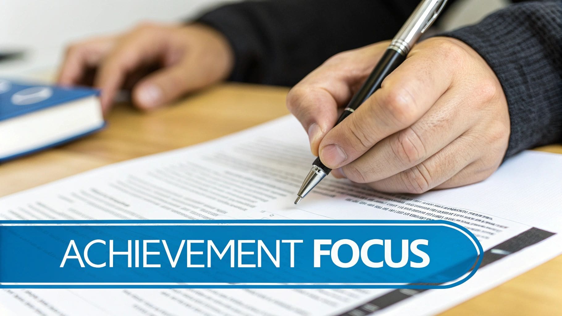 Hands writing on a document with a pen alongside a blue book and 'ACHIEVEMENT FOCUS' banner