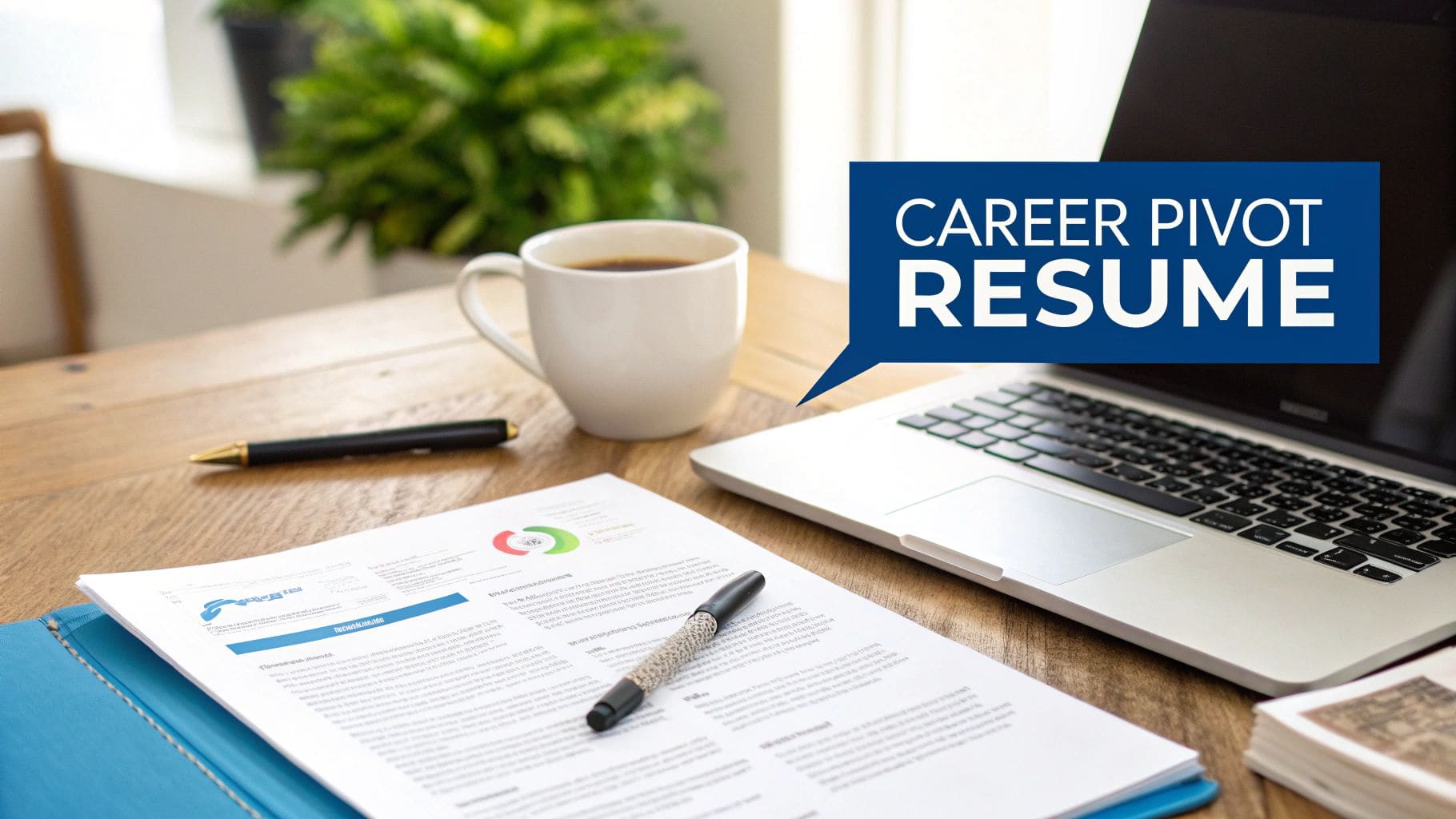 A 'Career Pivot Resume' document with a laptop, coffee, and pens on a wooden desk for career change planning