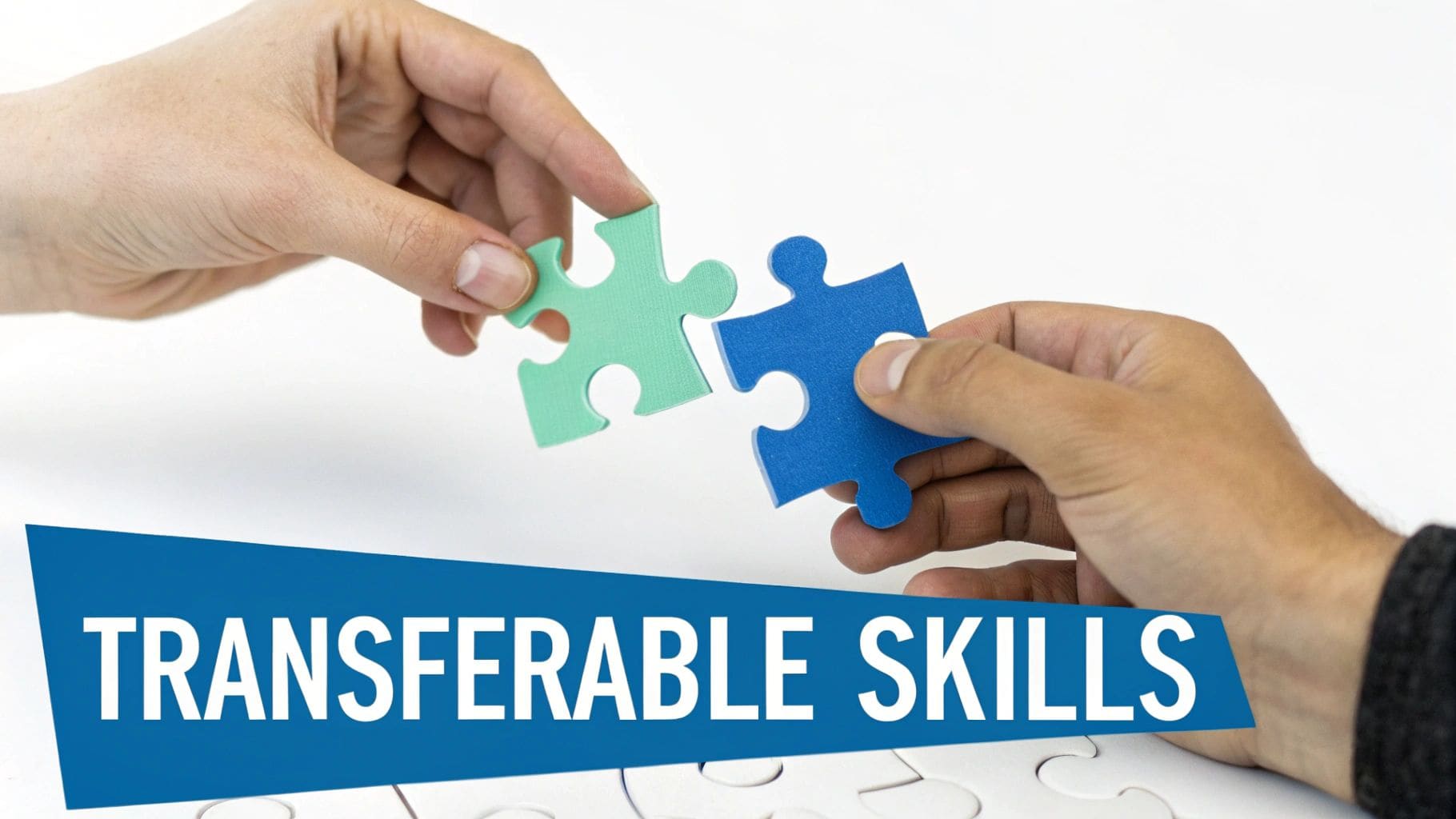 Two hands connect green and blue puzzle pieces, with a banner stating 'TRANSFERABLE SKILLS' for career change strategy