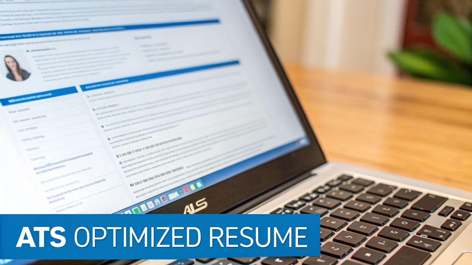 A laptop screen displays an ATS optimised resume template featuring a woman's profile, on a wooden desk for job applications