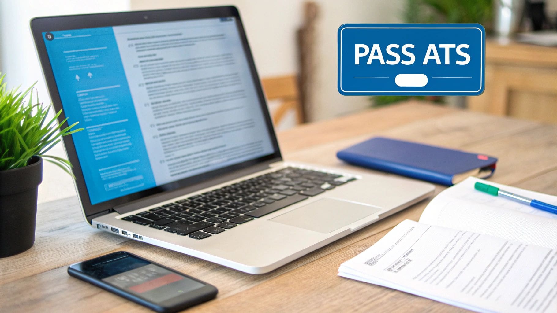 A professional wooden desk workspace featuring a laptop, smartphone, study materials including books and notebooks, with a prominent green PASS ATS sign displayed prominently