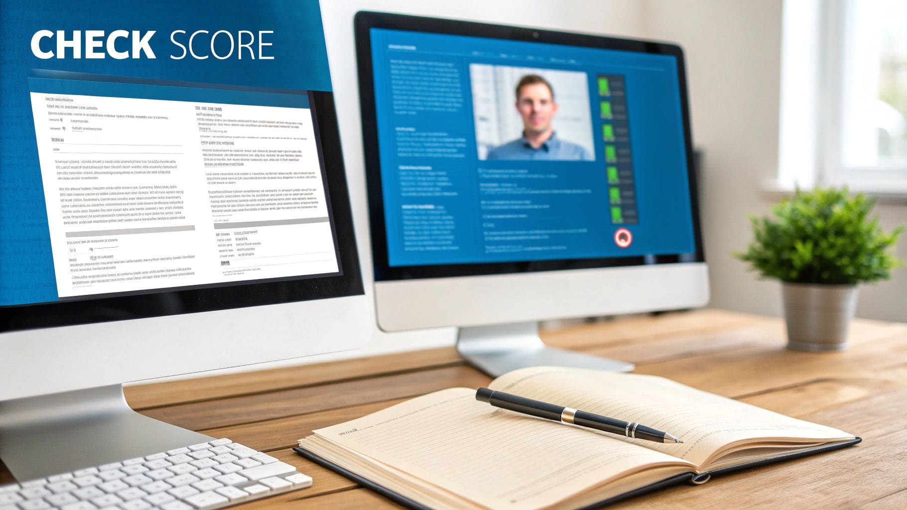 A modern dual monitor workspace setup, with one screen displaying CHECK SCORE in large text and the other showing a professional man's profile photo