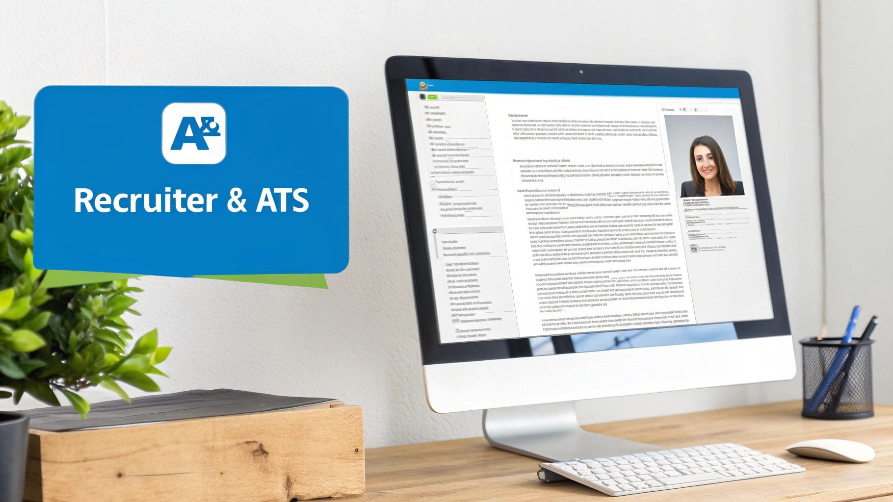 Modern desktop workspace setup featuring a computer monitor displaying a professional resume profile, a professional woman's headshot, and a prominent Recruiter & ATS sign