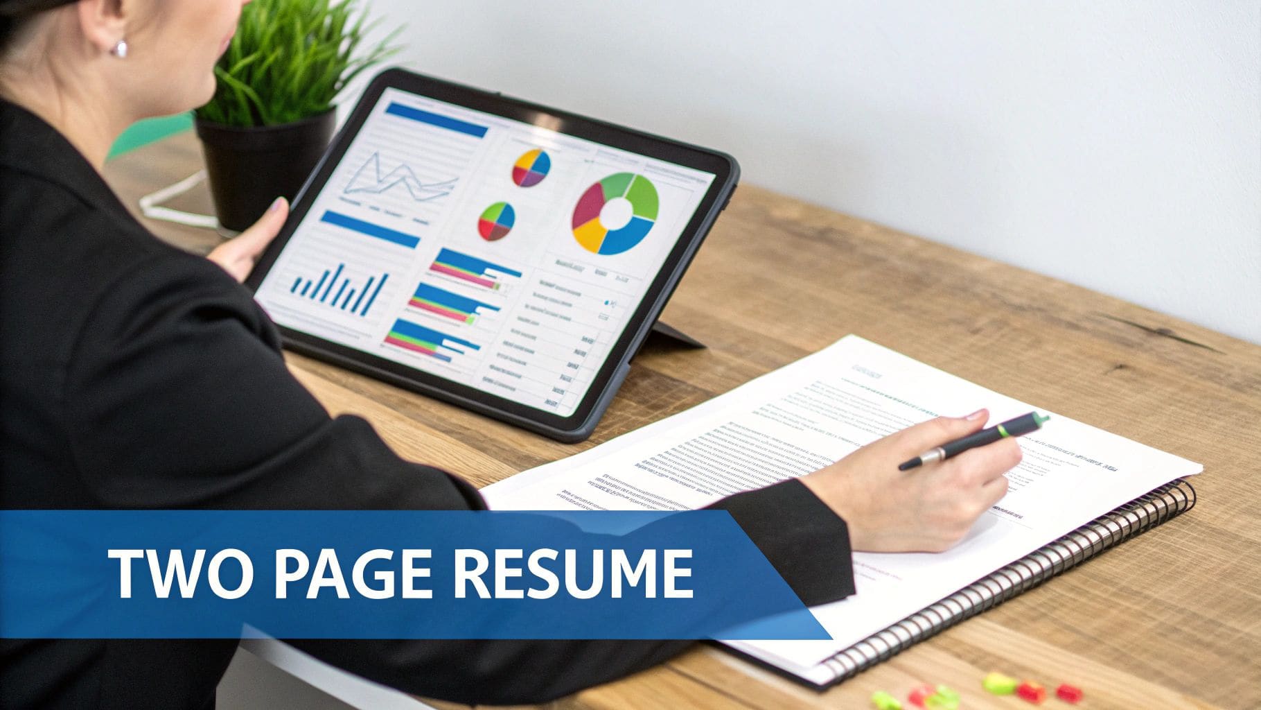 Professional woman in business attire at a modern desk reviewing analytical charts on a tablet and writing notes on a document, with a TWO PAGE RESUME banner displayed