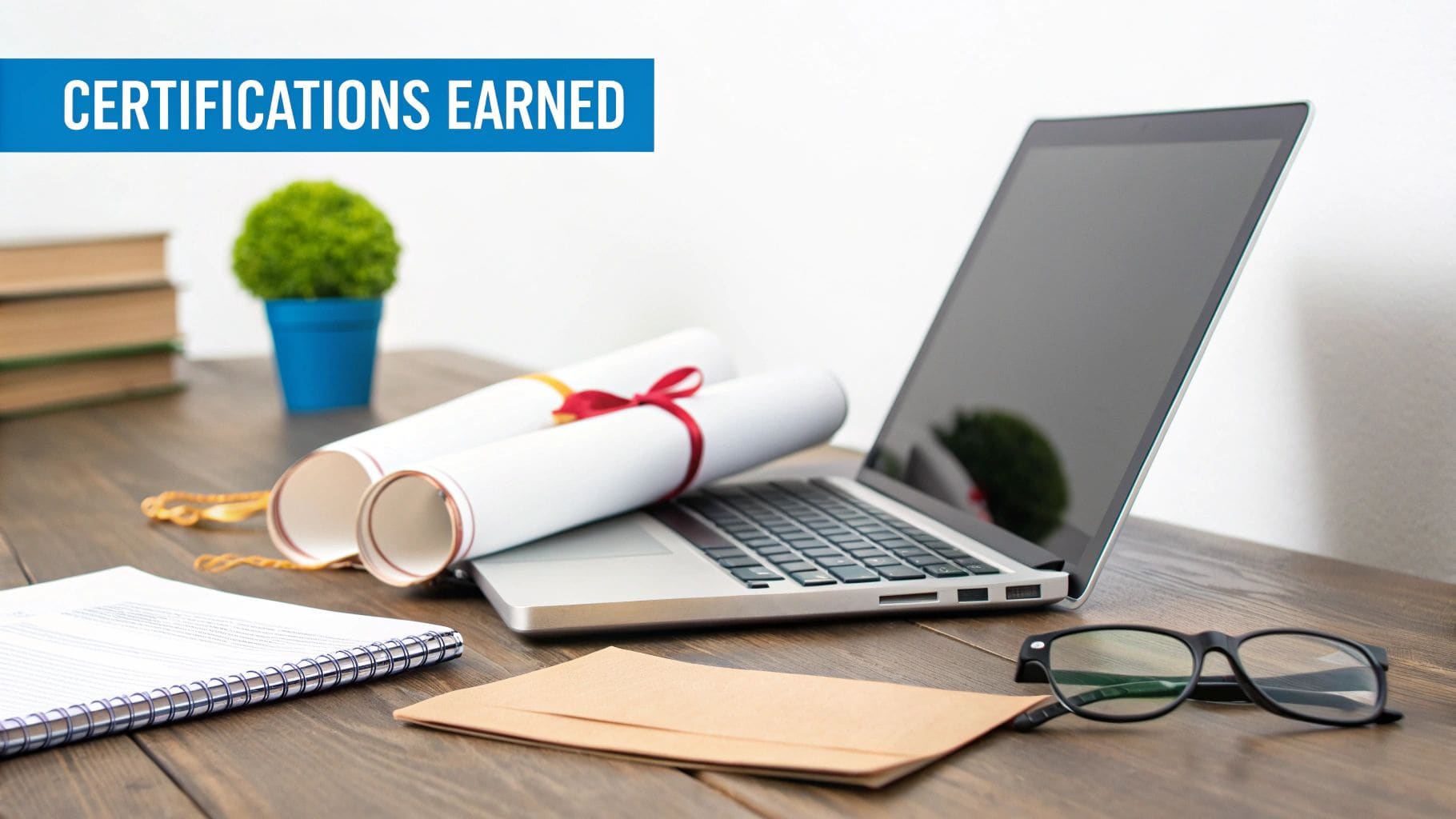 A professional desk workspace with a laptop computer, two rolled certificates tied with ribbons, several books, and reading glasses, with the text CERTIFICATIONS EARNED displayed prominently