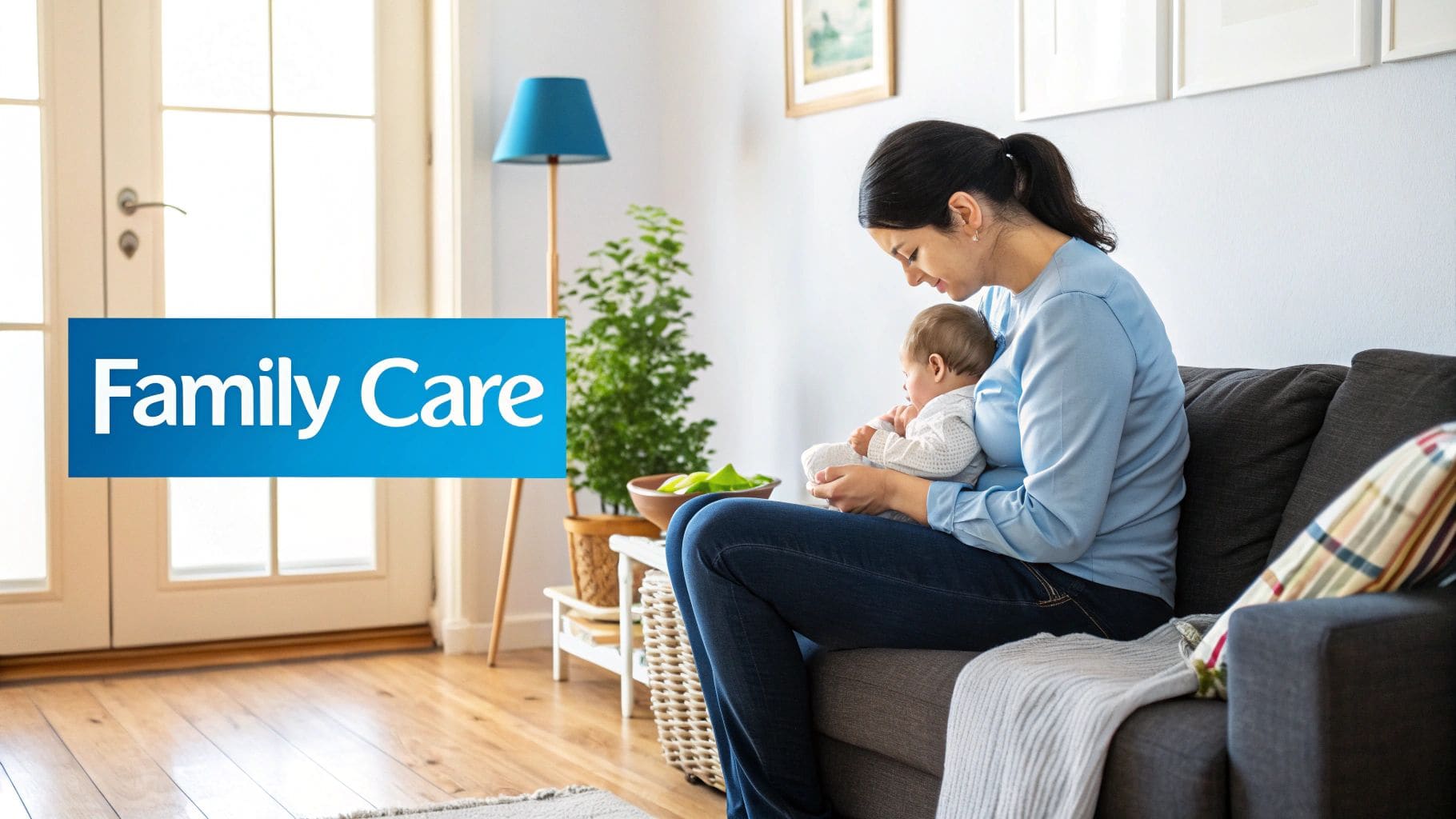 A mother gently cradling her baby while sitting on a couch in a peaceful home setting, with a Family Care banner overlay