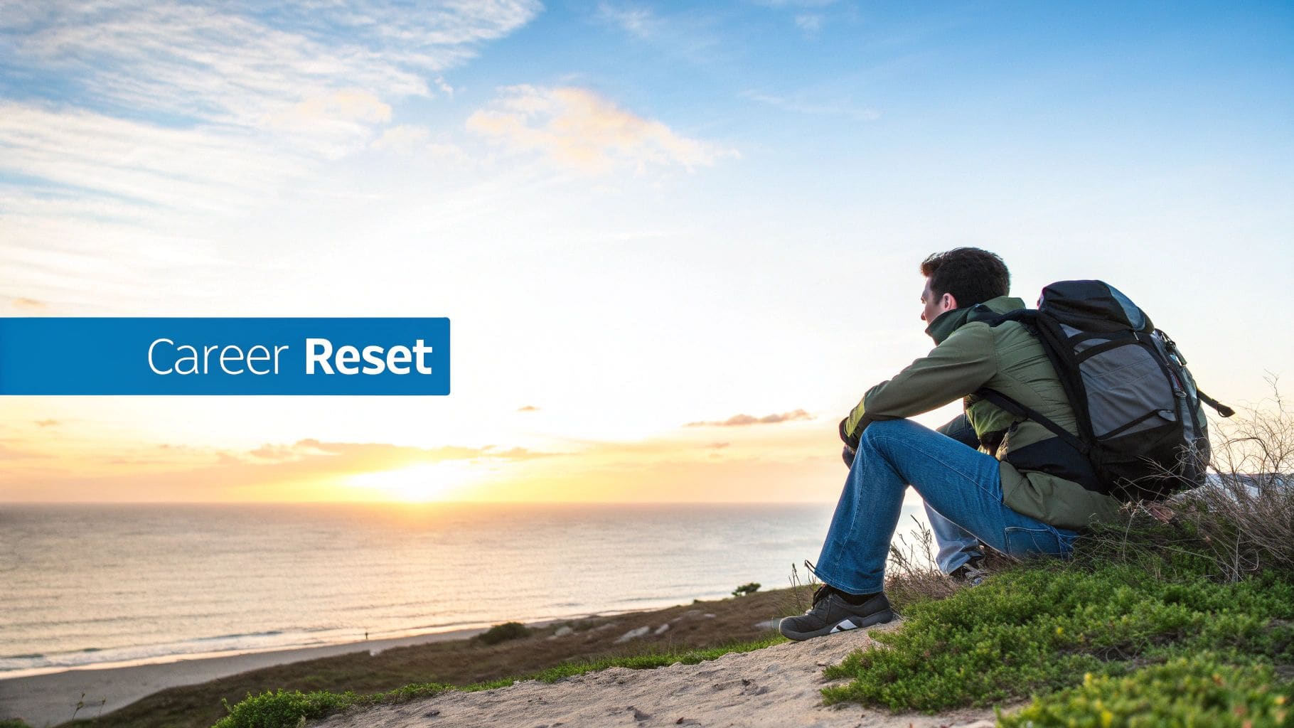 A man with a backpack sitting on a cliff edge overlooking the ocean at sunset, with a Career Reset banner displayed prominently