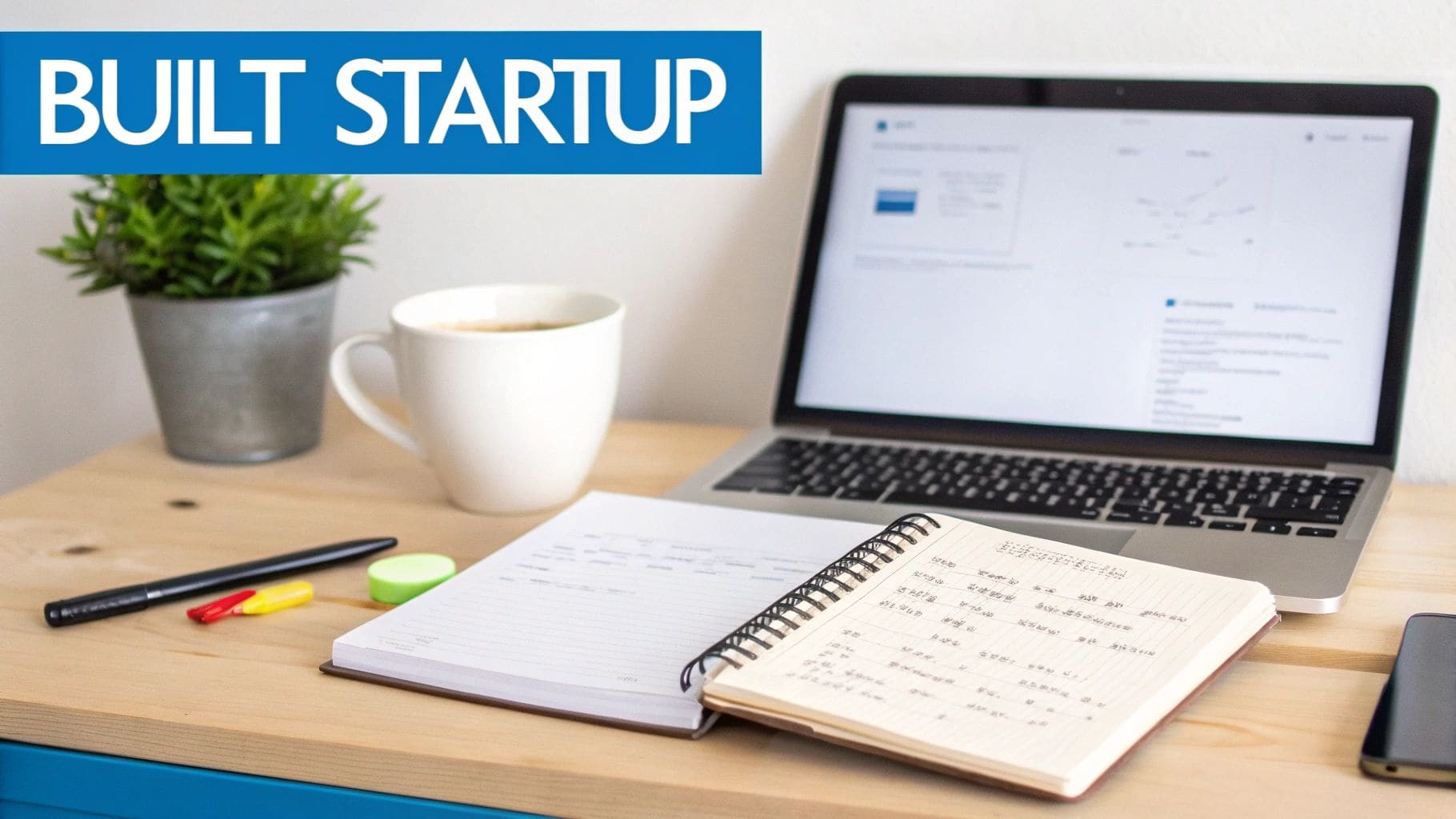 A modern startup workspace featuring a laptop computer, coffee cup, and notebooks on a clean wooden desk