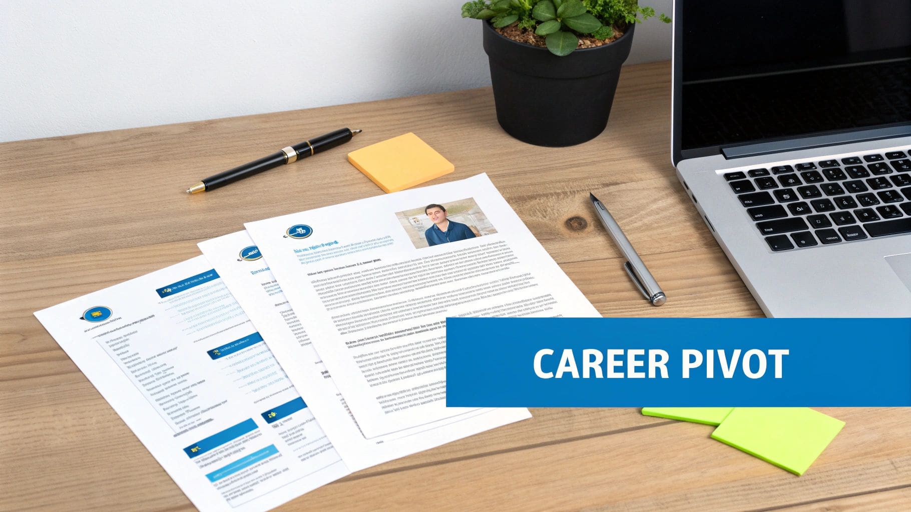 A professional desk workspace featuring resume documents, a laptop computer, pens, and sticky notes, with a prominent CAREER PIVOT banner displayed