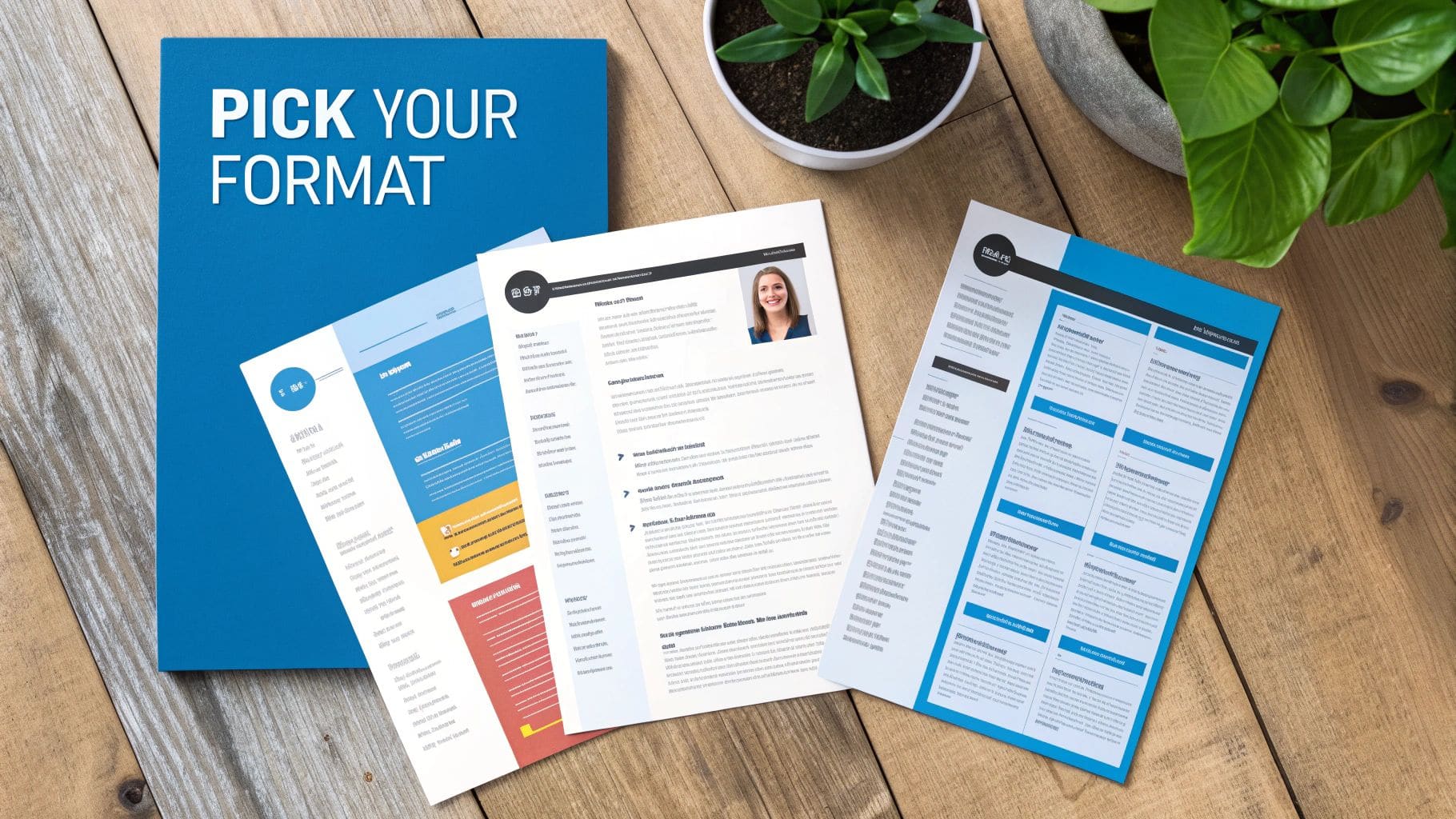 Multiple professional resume templates in various formats displayed side-by-side on a wooden table next to a blue organizational binder