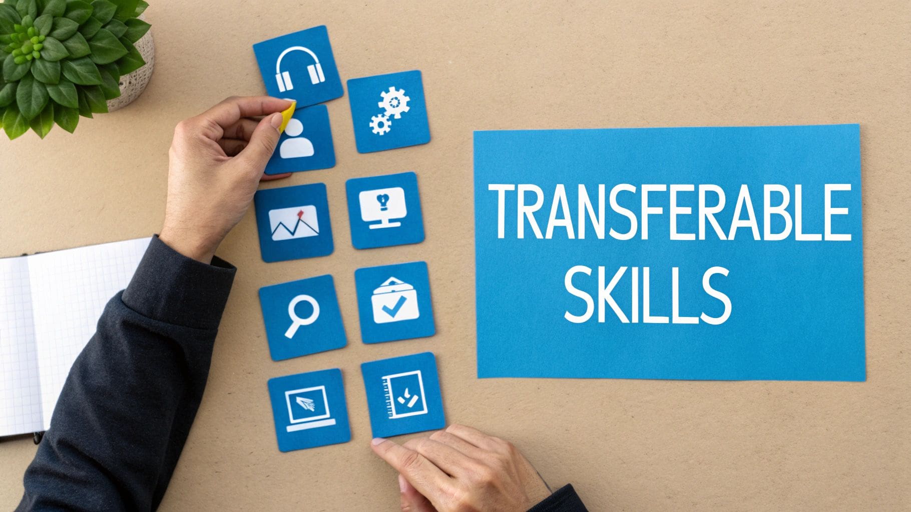 Hands arranging blue icon cards representing different skills next to a TRANSFERABLE SKILLS sign, with a potted plant and notebook visible on a wooden table