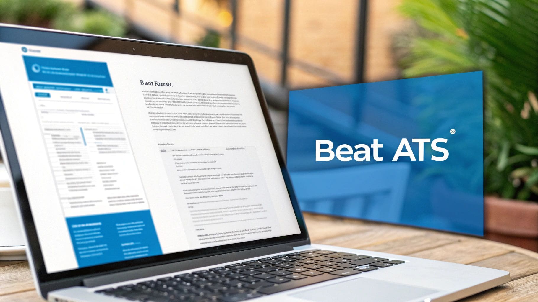 A laptop displaying a professional resume or application document, with a prominent Beat ATS sign visible in the background