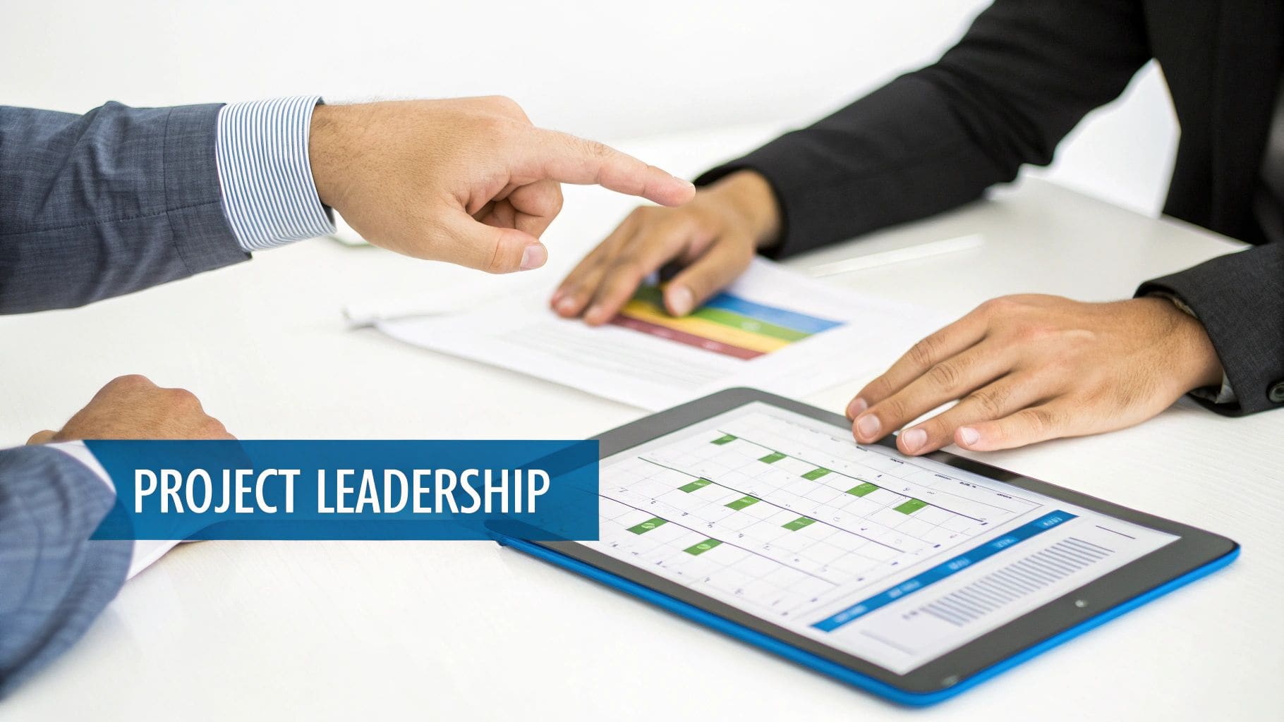Two business professionals collaborating on project leadership, reviewing data analytics on a tablet and documents during a strategic meeting