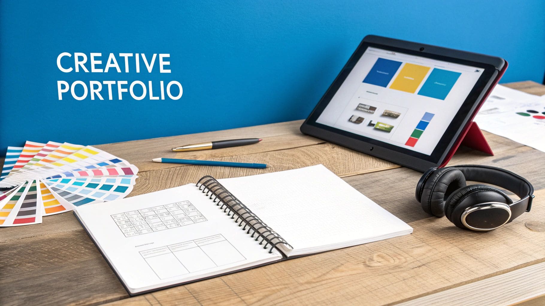 A creative professional workspace featuring a tablet, notebook, headphones, color swatches, and a prominent Creative Portfolio banner on a wooden desk