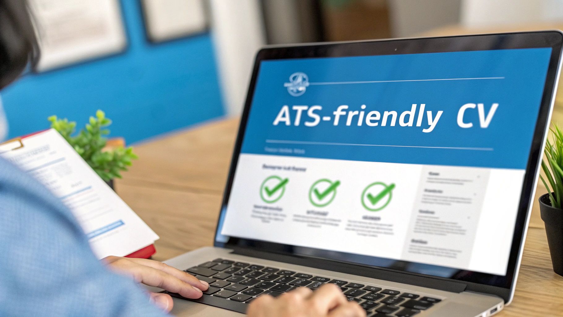 A professional typing on a laptop displaying an ATS-friendly CV document with prominent green checkmarks indicating approval
