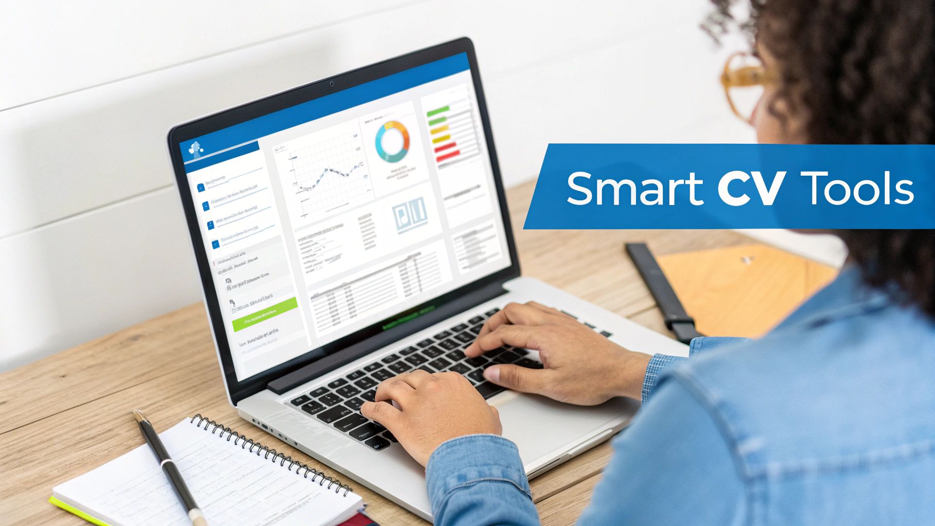 A professional typing on a laptop displaying Smart CV Tools with data charts and analytics, accompanied by a notebook and pen on a desk