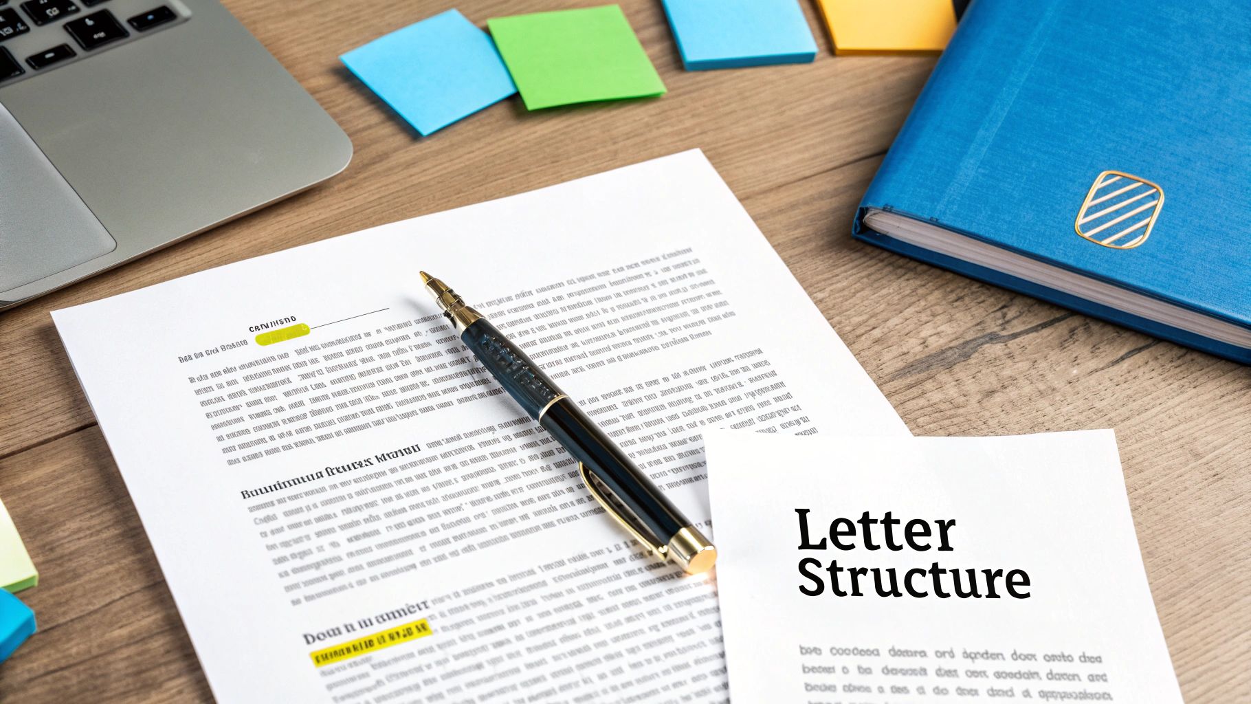 Overhead shot of a professional workspace featuring a laptop, pen, colorful sticky notes, and documents including one prominently titled Letter Structure