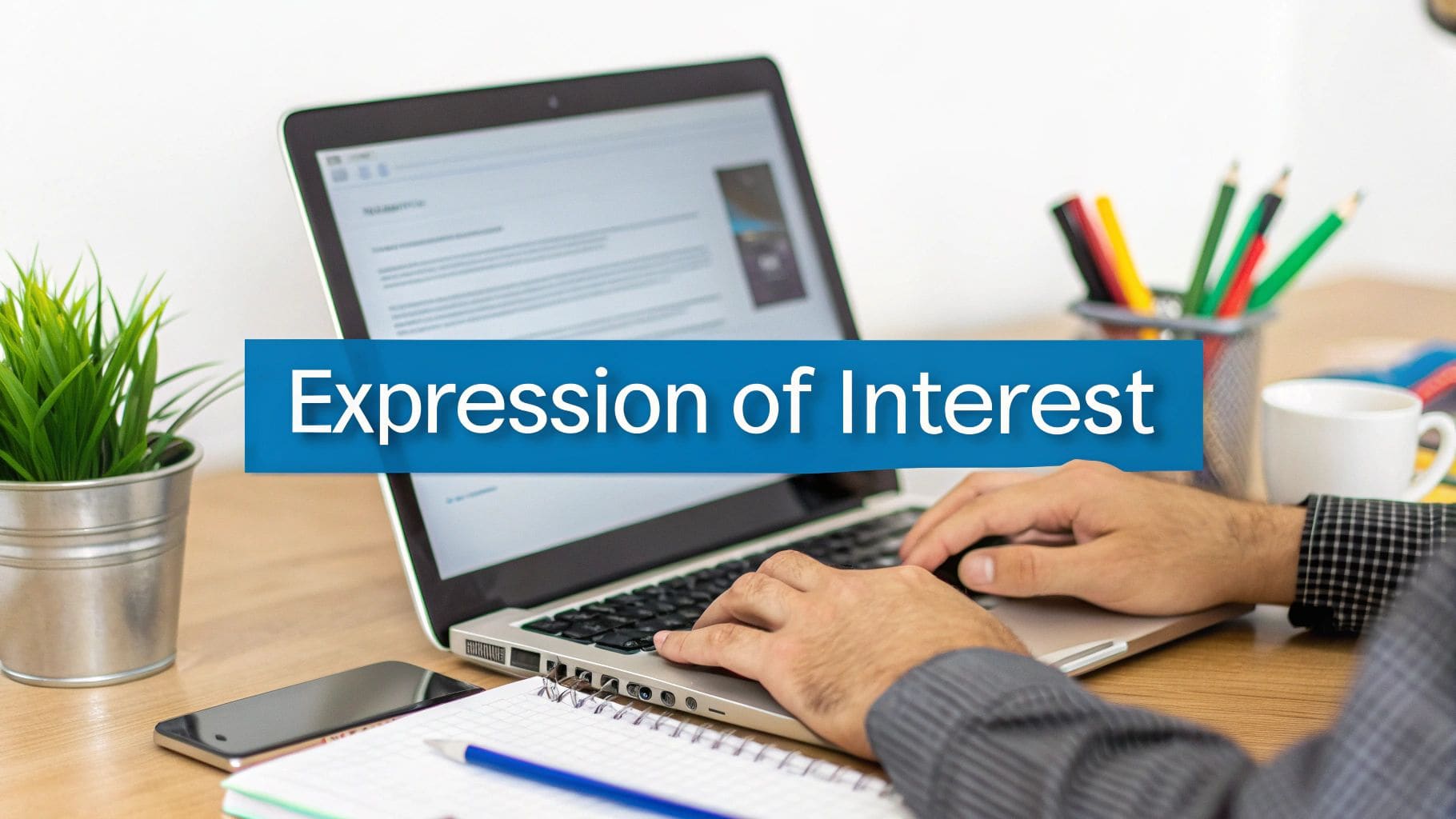 Professional hands typing on a laptop keyboard at a modern desk workspace, with a prominent blue banner displaying Expression of Interest text