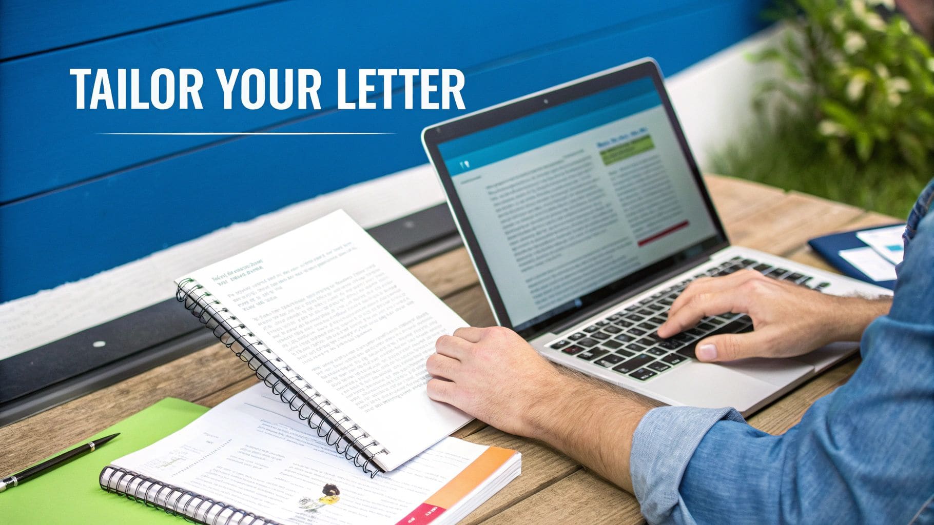 Professional hands typing on a laptop keyboard on a wooden desk, surrounded by documents and a pen, emphasizing letter tailoring and customization