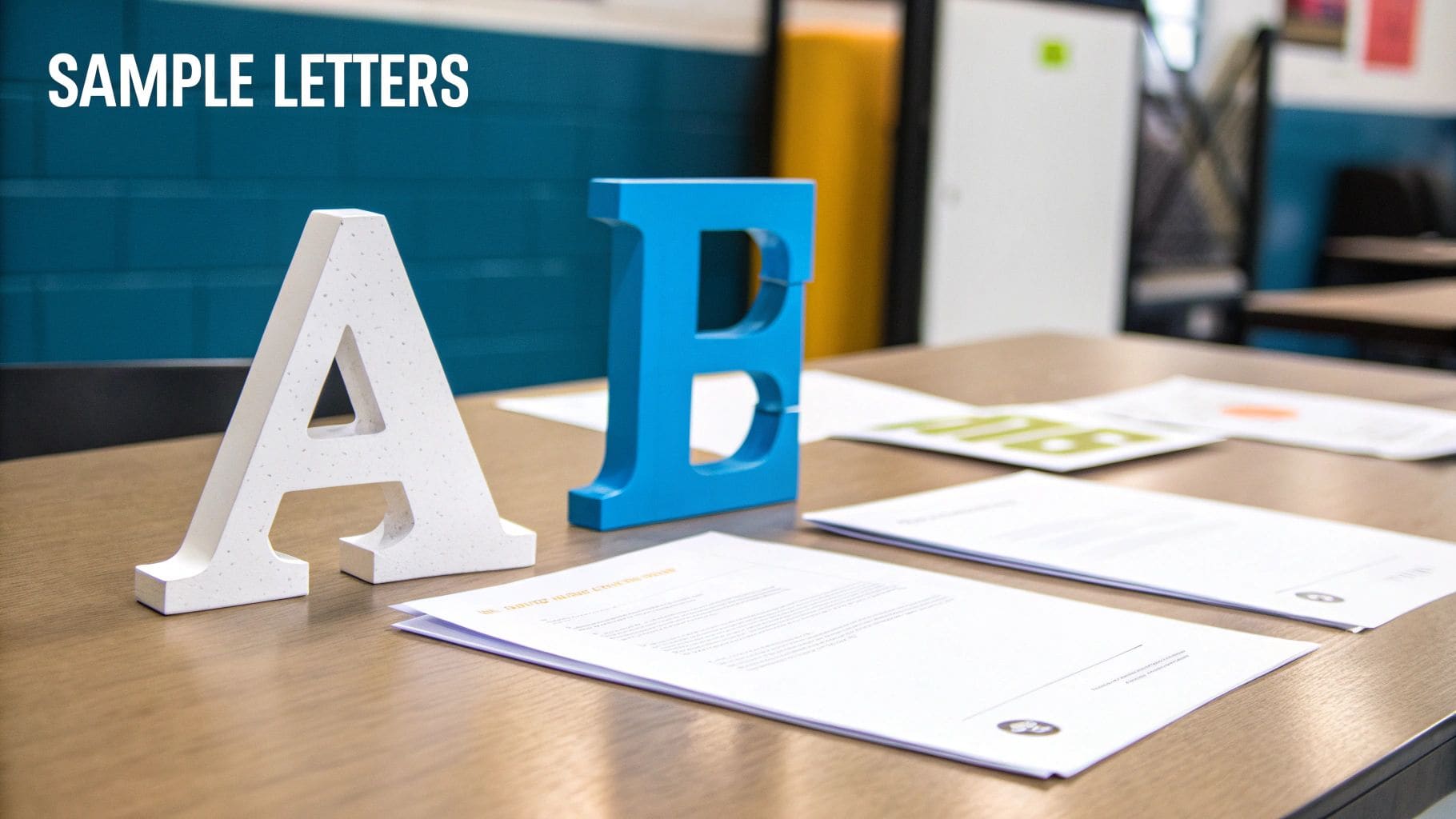 Large white letter A and blue letter B displayed on a table with sample letter documents demonstrating different letter examples