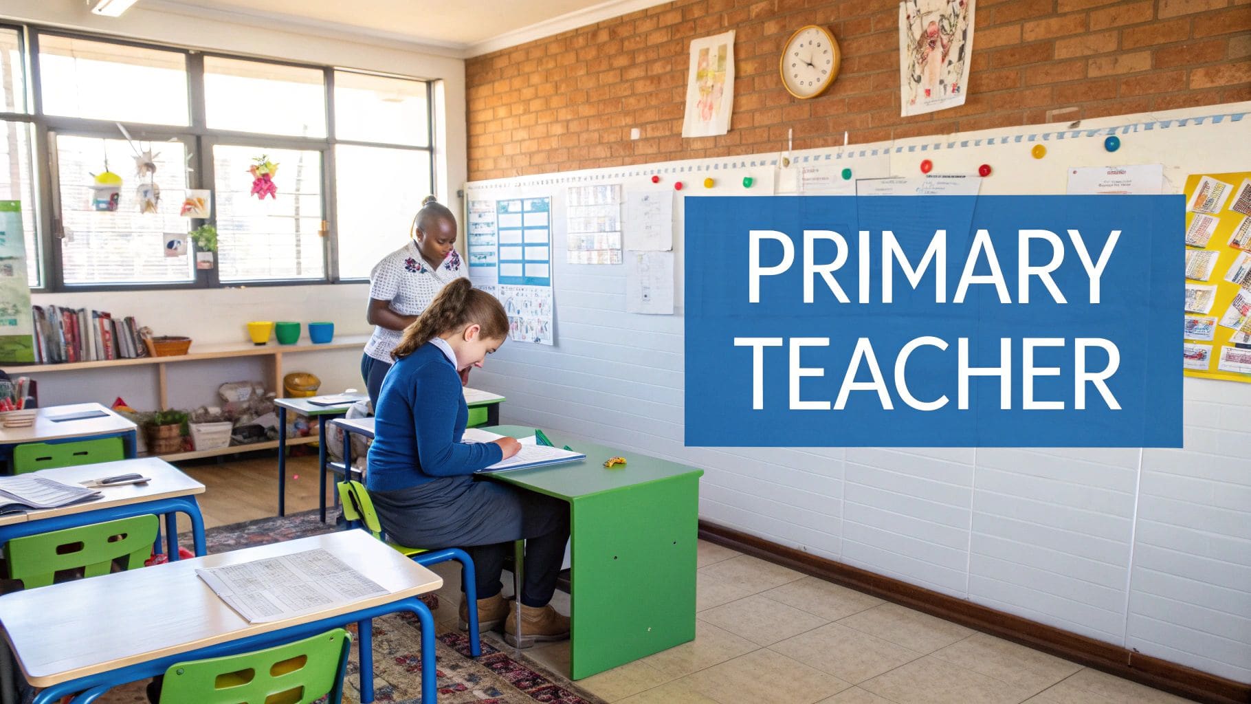 A primary teacher observes a young student working at her desk in a bright classroom