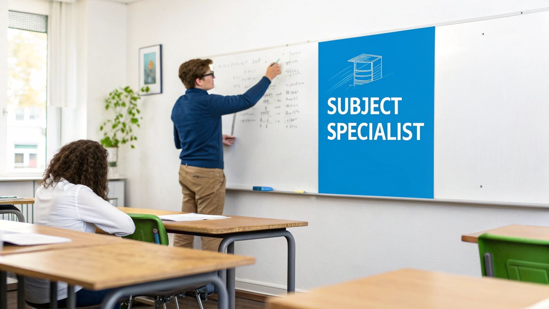 A teacher in glasses writes on a whiteboard in a classroom while a student sits at a desk